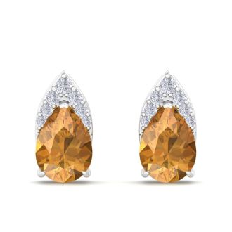 1 3/4 Carat Pear Shape Citrine and Diamond Earrings In 14 Karat White Gold
