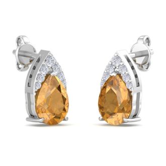 1 3/4 Carat Pear Shape Citrine and Diamond Earrings In 14 Karat White Gold
