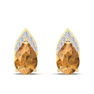 1 3/4 Carat Pear Shape Citrine and Diamond Earrings In 14 Karat Yellow Gold