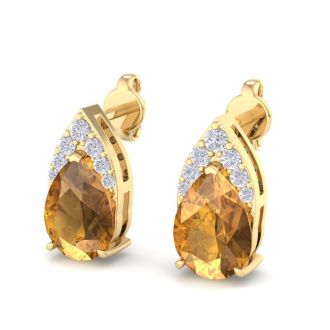 1 3/4 Carat Pear Shape Citrine and Diamond Earrings In 14 Karat Yellow Gold