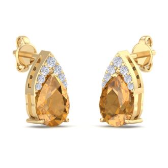 1 3/4 Carat Pear Shape Citrine and Diamond Earrings In 14 Karat Yellow Gold