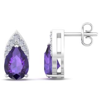 1 3/4 Carat Pear Shape Amethyst and Diamond Earrings In 14 Karat White Gold