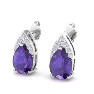 1 3/4 Carat Pear Shape Amethyst and Diamond Earrings In 14 Karat White Gold