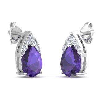 1 3/4 Carat Pear Shape Amethyst and Diamond Earrings In 14 Karat White Gold