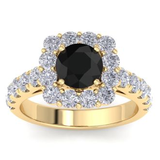 2 1/2 Carat Black Diamond Halo Engagement Ring In 14K Yellow Gold