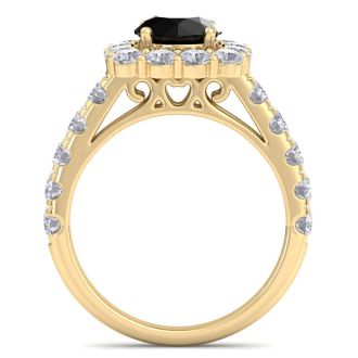 2 1/2 Carat Black Diamond Halo Engagement Ring In 14K Yellow Gold