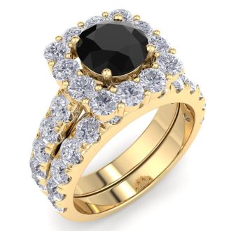 3 1/2 Carat Black Diamond Halo Bridal Set In 14K Yellow Gold