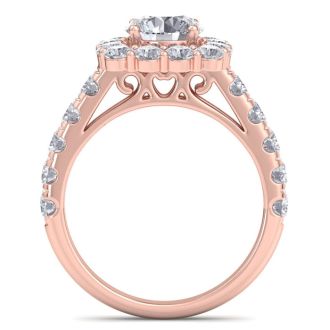 Moissanite Engagement Ring; 2 1/2 Carat Halo Moissanite Engagement Ring In 14K Rose Gold
