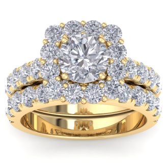 Moissanite Engagement Ring; 3 1/2 Carat Halo Moissanite Bridal Set In 14K Yellow Gold