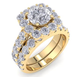 Moissanite Engagement Ring; 3 1/2 Carat Halo Moissanite Bridal Set In 14K Yellow Gold