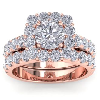 Moissanite Engagement Ring; 3 1/2 Carat Halo Moissanite Bridal Set In 14K Rose Gold