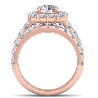 Moissanite Engagement Ring; 3 1/2 Carat Halo Moissanite Bridal Set In 14K Rose Gold