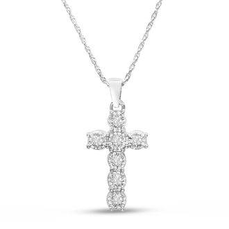 1/10 Carat Diamond Cross Necklace In Sterling Silver, 17 Inches