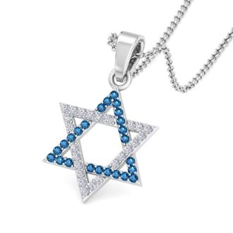 0.40 Carat Blue and White Diamond Star of David Necklace In 14K White Gold, 18 Inches
