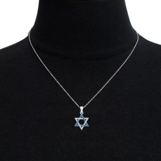 0.40 Carat Blue and White Diamond Star of David Necklace In 14K White Gold, 18 Inches