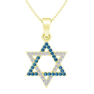 0.40 Carat Blue and White Diamond Star of David Necklace In 14K Yellow Gold, 18 Inches