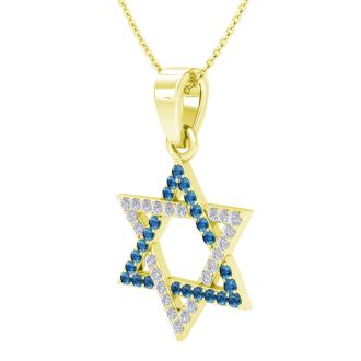 0.40 Carat Blue and White Diamond Star of David Necklace In 14K Yellow Gold, 18 Inches