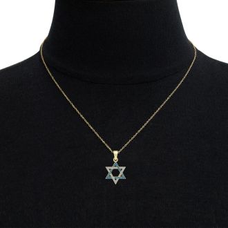 0.40 Carat Blue and White Diamond Star of David Necklace In 14K Yellow Gold, 18 Inches