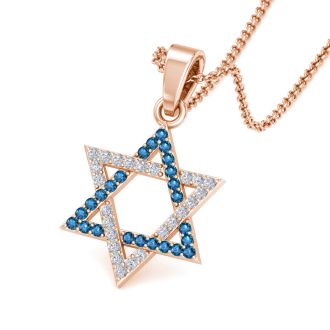 0.40 Carat Blue and White Diamond Star of David Necklace In 14K Rose Gold, 18 Inches