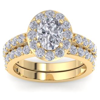 3 1/4 Carat Oval Shape Halo Diamond Bridal Set In 14K Yellow Gold