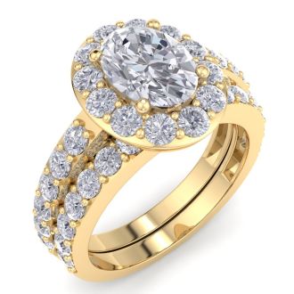 3 1/4 Carat Oval Shape Halo Diamond Bridal Set In 14K Yellow Gold