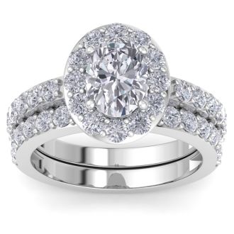 3 1/4 Carat Oval Shape Halo Moissanite Bridal Set In 14K White Gold