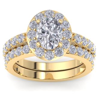 3 1/4 Carat Oval Shape Halo Moissanite Bridal Set In 14K Yellow Gold