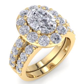 4 1/4 Carat Oval Shape Halo Diamond Bridal Set In 14K Yellow Gold