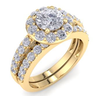 2 1/4 Carat Round Shape Halo Diamond Bridal Set In 14K Yellow Gold