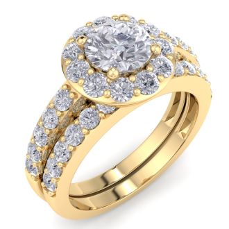 2 1/4 Carat Round Shape Halo Moissanite Bridal Set In 14K Yellow Gold