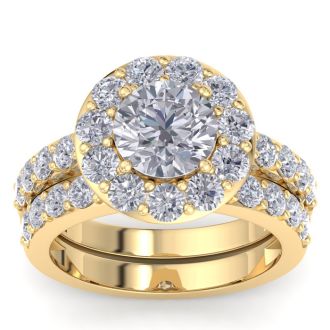 4 1/4 Carat Round Shape Halo Moissanite Bridal Set In 14K Yellow Gold