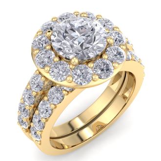 4 1/4 Carat Round Shape Halo Moissanite Bridal Set In 14K Yellow Gold