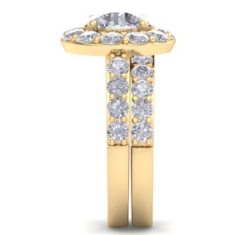 4 1/4 Carat Round Shape Halo Moissanite Bridal Set In 14K Yellow Gold
