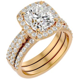 4 1/2 Carat Cushion Cut Halo Lab Grown Diamond Bridal Set In 14 Karat Yellow Gold