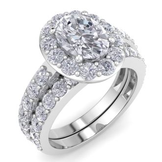 3 1/4 Carat Oval Shape Halo Lab Grown Diamond Bridal Set In 14K White Gold