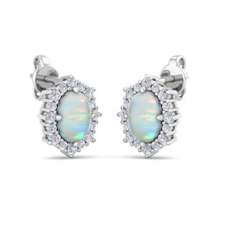 2 Carat Oval Shape Opal and Diamond Earrings In 14K White Gold