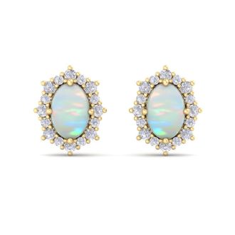 2 Carat Oval Shape Opal and Diamond Earrings In 14K Yellow Gold