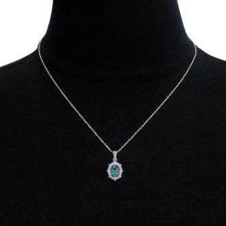 1-3/4 Carat Oval Shape Mystic Topaz Necklace With Diamond Halo In 14 Karat White Gold, 18 Inches