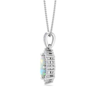 1-1/3 Carat Oval Shape Opal and Diamond Necklace In 14K White Gold