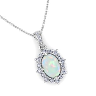 1-1/3 Carat Oval Shape Opal and Diamond Necklace In 14K White Gold