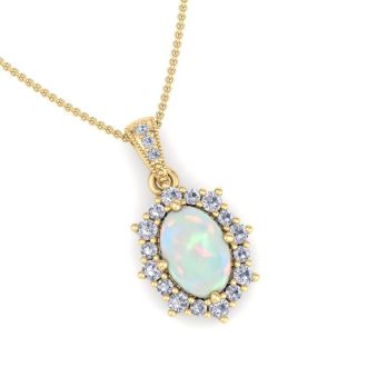 1-1/3 Carat Oval Shape Opal and Diamond Necklace In 14K Yellow Gold