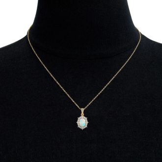 1-1/3 Carat Oval Shape Opal and Diamond Necklace In 14K Yellow Gold