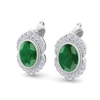 Emerald Earrings: 2 Carat Emerald and Diamond Earrings
