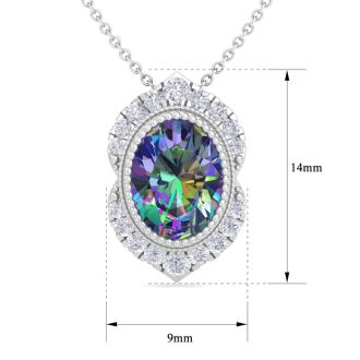 1-3/4 Carat Oval Shape Mystic Topaz Necklace With Diamond Halo In 14 Karat White Gold, 18 Inches