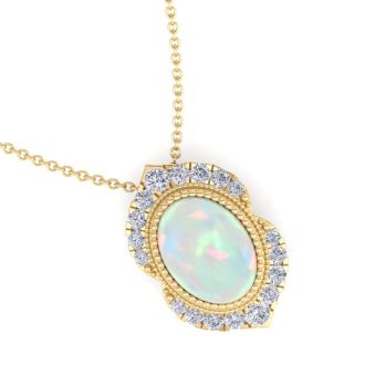 1-1/5 Carat Oval Shape Opal and Diamond Necklace In 14K Yellow Gold