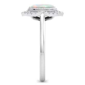 1-1/5 Carat Oval Shape Opal Ring and Diamonds In 14K White Gold