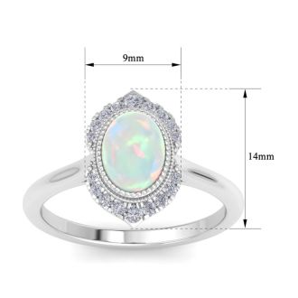 1-1/5 Carat Oval Shape Opal Ring and Diamonds In 14K White Gold