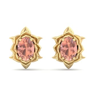 1-1/2 Carat Oval Shape Morganite Ornate Stud Earrings In 14K Yellow Gold