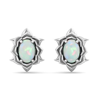 1-1/2 Carat Oval Shape Opal Stud Earrings In 14K White Gold