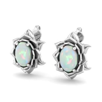 1-1/2 Carat Oval Shape Opal Stud Earrings In 14K White Gold